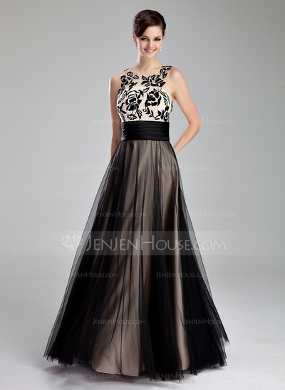A-Line/Princess Scoop Neck Floor-Length Tulle Prom Dress With Ruffle Lace (018019083)