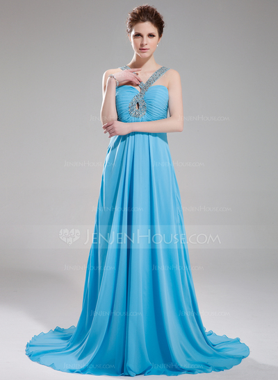 Empire V-neck Sweep Train Chiffon Evening Dress With Ruffle Beading (017004349)