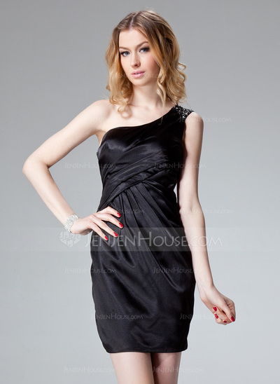 Sheath One-Shoulder Short/Mini Charmeuse Cocktail Dress With Ruffle Beading (016021068)