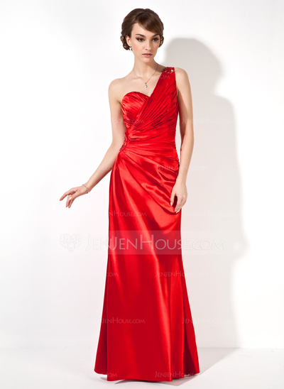 Sheath One-Shoulder Floor-Length Charmeuse Evening Dress With Ruffle Beading (017022549)