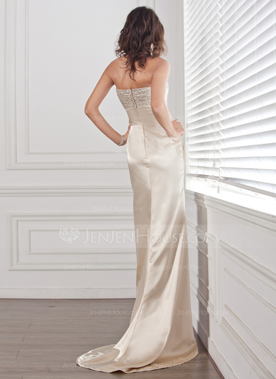 Sheath Sweetheart Sweep Train Charmeuse Evening Dress With Ruffle Beading Sequins (017024737)