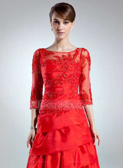 A-Line/Princess Scoop Neck Floor-Length Taffeta Tulle Mother of the Bride Dress With Lace Beading (008006255)