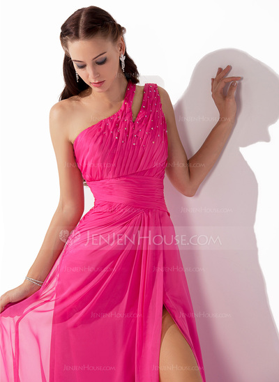 A-Line/Princess One-Shoulder Floor-Length Chiffon Prom Dress With Ruffle Beading Sequins (018005062)