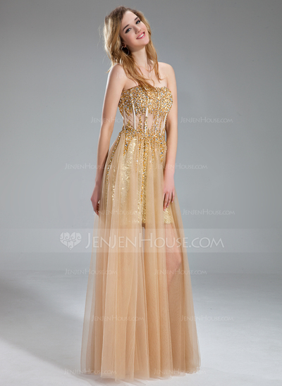 A-Line/Princess Sweetheart Floor-Length Tulle Sequined Prom Dress With Beading (018018902)