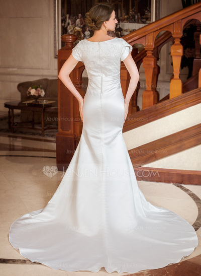 Mermaid Square Neckline Chapel Train Satin Wedding Dress With Ruffle Lace Beadwork (002001668)