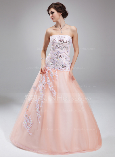 Ball-Gown Strapless Floor-Length Satin Tulle Quinceanera Dress With Lace Beading Sequins (021020824)