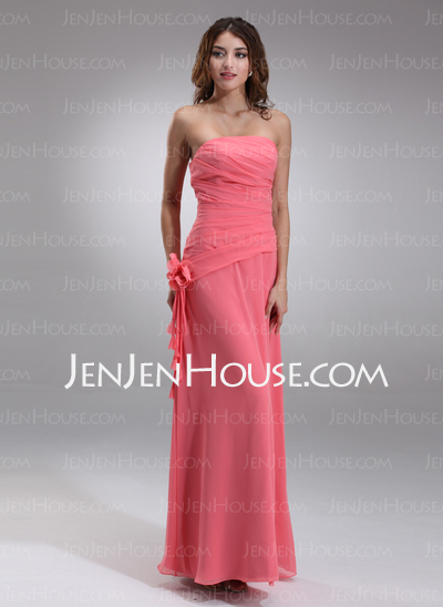 Tubo Sem alça Vestidos longo Chifon Vestido de madrinha com Pregueado fecho de correr (007001081)