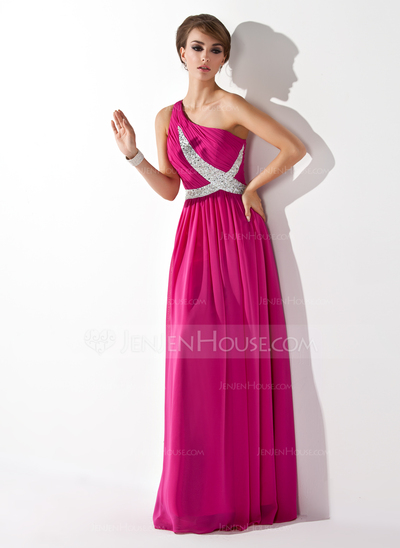 A-Line/Princess One-Shoulder Floor-Length Chiffon Evening Dress With Ruffle Beading Sequins (017005592)