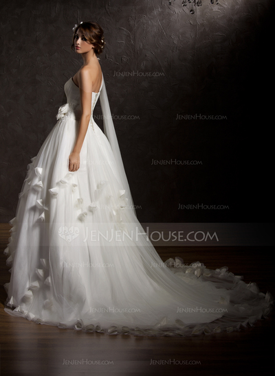 Ball-Gown One-Shoulder Court Train Satin Tulle Wedding Dress With Ruffle Lace Beadwork Flower(s) (002006373)