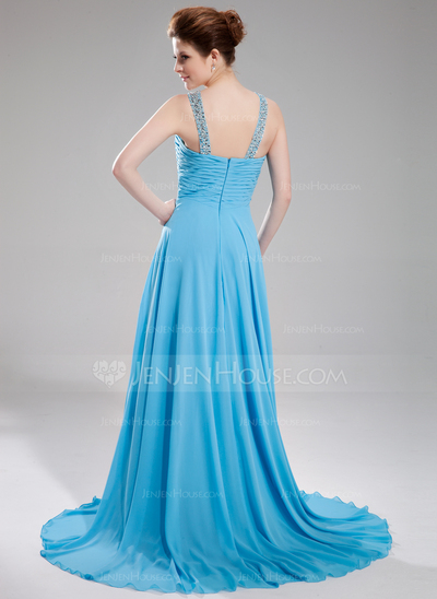 Empire V-neck Sweep Train Chiffon Evening Dress With Ruffle Beading (017004349)