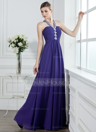 A-Line/Princess V-neck Floor-Length Chiffon Prom Dress With Ruffle Beading (018004956)