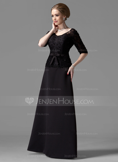 A-Line/Princess V-neck Floor-Length Satin Mother of the Bride Dress With Lace Beading (008002216)
