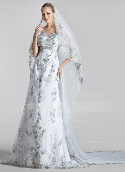 A-Line/Princess V-neck Court Train Satin Lace Wedding Dress With Sashes Beadwork Sequins (002004151)