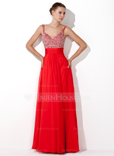 A-Line/Princess V-neck Floor-Length Chiffon Prom Dress With Ruffle Beading Sequins (018005105)
