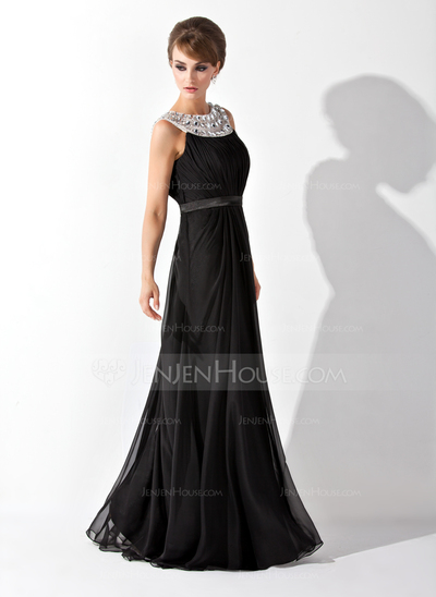 A-Line/Princess Scoop Neck Floor-Length Chiffon Tulle Evening Dress With Ruffle Beading (017020923)