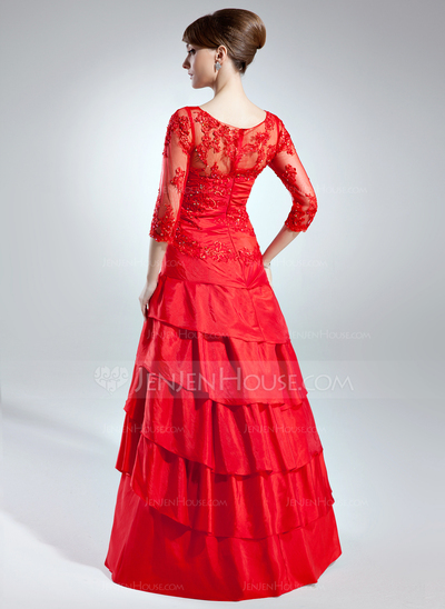A-Line/Princess Scoop Neck Floor-Length Taffeta Tulle Mother of the Bride Dress With Lace Beading (008006255)