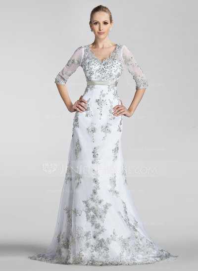 A-Line/Princess V-neck Court Train Satin Lace Wedding Dress With Sashes Beadwork Sequins (002004151)