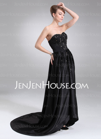 A-Line/Princess Sweetheart Court Train Satin Evening Dress With Beading (017020656)