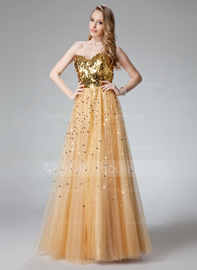 A-Line/Princess Sweetheart Floor-Length Tulle Prom Dress With Sequins (018004807)