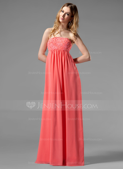 Empire Strapless Floor-Length Chiffon Holiday Dress With Ruffle Lace Beading (020003264)