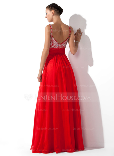 A-Line/Princess V-neck Floor-Length Chiffon Prom Dress With Ruffle Beading Sequins (018005105)