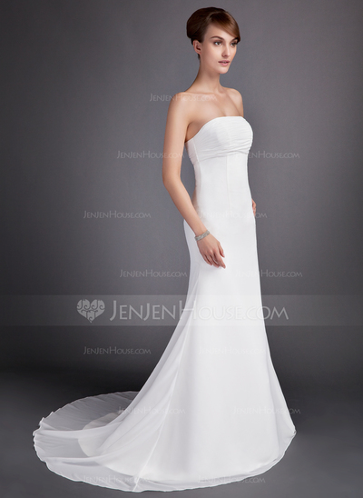 A-Line/Princess Strapless Court Train Chiffon Wedding Dress With Ruffle (002000566)
