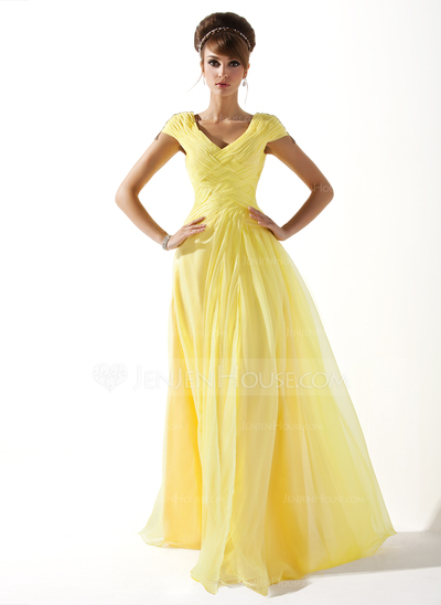 Vestidos princesa/ Formato A Decote V Vestidos longo Tecido de seda Vestidos de baile com Pregueado Bordado (018005580)