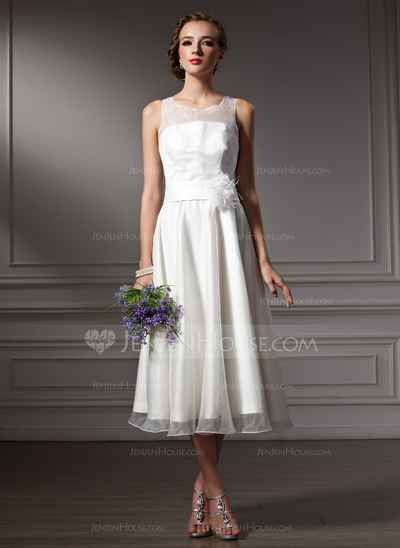 A-Line/Princess Scoop Neck Tea-Length Organza Satin Wedding Dress With Sashes Flower(s) (002021079)