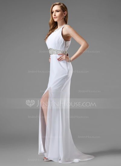 A-Line/Princess Scoop Neck Sweep Train Chiffon Prom Dress With Ruffle Beading (018004915)