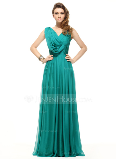 A-Line/Princess V-neck Floor-Length Chiffon Holiday Dress With Ruffle Beading (020016061)