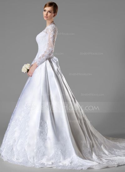 Ball-Gown V-neck Chapel Train Satin Wedding Dress With Ruffle Lace (002004745)