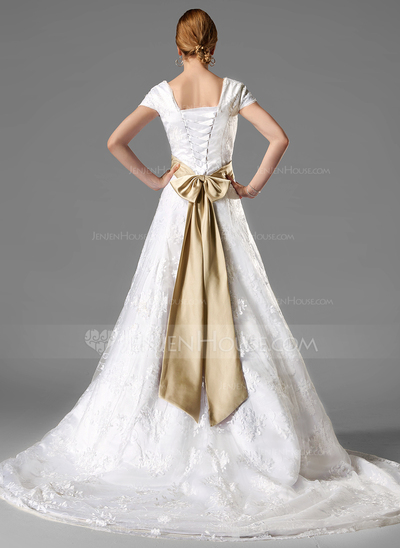 A-Line/Princess Square Neckline Chapel Train Satin Lace Wedding Dress With Lace Sashes Crystal Brooch (002000125)