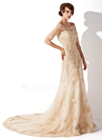 Sheath/Column Off-the-Shoulder Court Train Satin Tulle Wedding Dress With Lace (002011393)