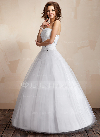 Ball-Gown Strapless Floor-Length Taffeta Tulle Wedding Dress With Ruffle Beadwork (002000041)