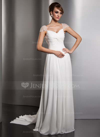 A-Line/Princess V-neck Watteau Train Chiffon Evening Dress With Ruffle Beading (017005601)