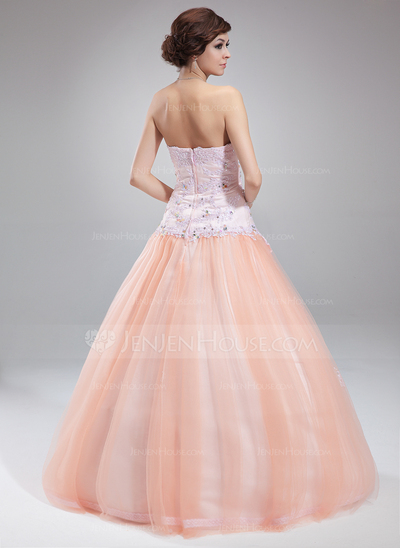 Ball-Gown Strapless Floor-Length Satin Tulle Quinceanera Dress With Lace Beading Sequins (021020824)