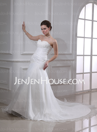 A-Line/Princess Sweetheart Chapel Train Taffeta Organza Wedding Dress With Ruffle Lace Beadwork (002000151)