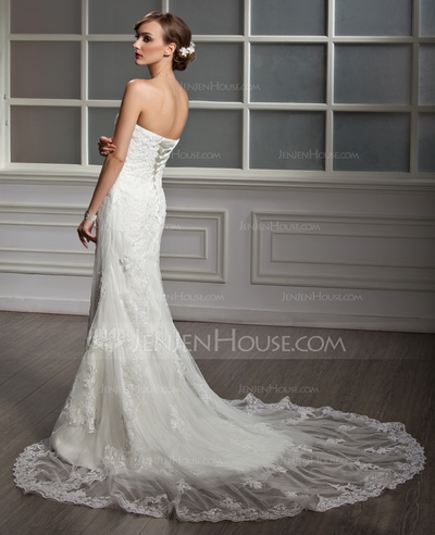 Mermaid Sweetheart Chapel Train Satin Tulle Wedding Dress With Lace (002012605)