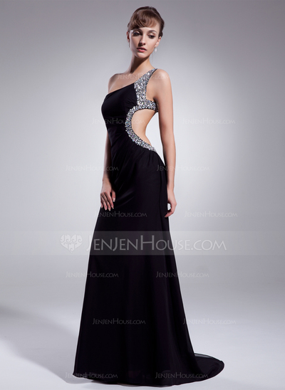 Sheath One-Shoulder Sweep Train Chiffon Prom Dress With Ruffle Beading (018004918)