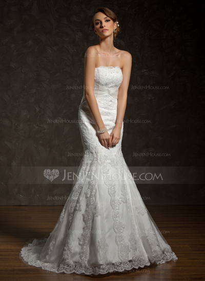 Mermaid Strapless Chapel Train Satin Tulle Wedding Dress With Lace Beadwork (002000634)