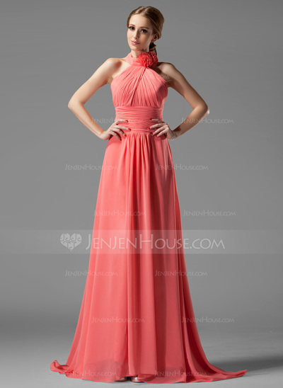 A-Line/Princess Halter Sweep Train Chiffon Bridesmaid Dress With Ruffle Flower(s) (007004138)