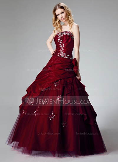 Ball-Gown Strapless Floor-Length Taffeta Quinceanera Dress With Ruffle Lace Beading Flower(s) Sequins (021002909)
