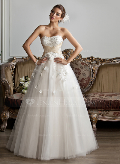 Ball-Gown Sweetheart Floor-Length Satin Tulle Wedding Dress With Ruffle Sashes Beadwork Appliques Flower(s) (002013803)