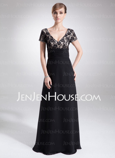 A-Line/Princess V-neck Floor-Length Chiffon Charmeuse Lace Mother of the Bride Dress With Ruffle Beading (008005673)