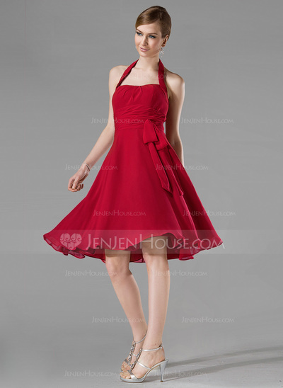 A-Line/Principessa Anello Al ginocchio Chiffon Abito da damigella con Increspature (007001816)