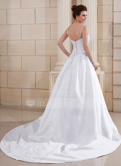 A-Line/Princess Court Train Satin Wedding Dress With Embroidery Beadwork (002006372)