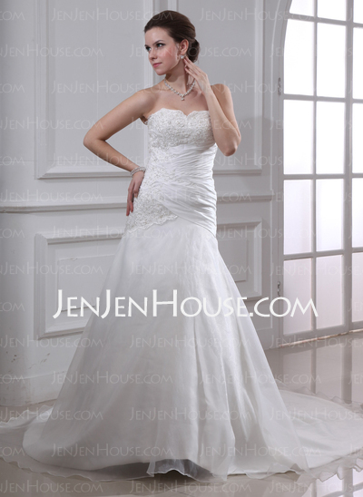 A-Line/Princess Sweetheart Chapel Train Taffeta Organza Wedding Dress With Ruffle Lace Beadwork (002000151)