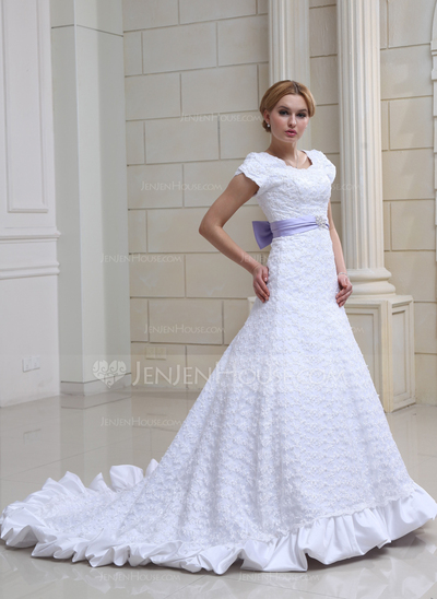 A-Line/Princess Scoop Neck Chapel Train Satin Lace Wedding Dress With Ruffle Sashes Beadwork (002000230)