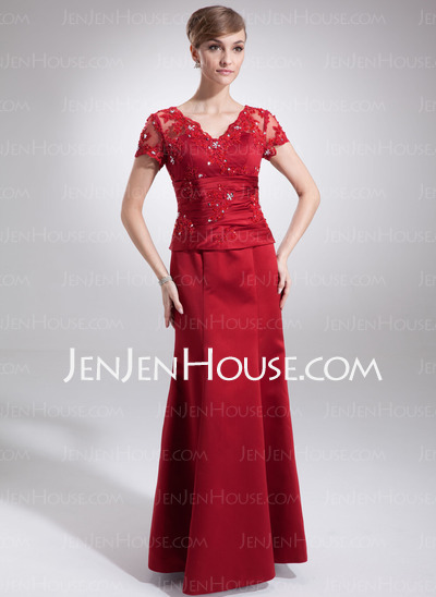 Mermaid V-neck Floor-Length Satin Mother of the Bride Dress With Lace Beading (008005754)