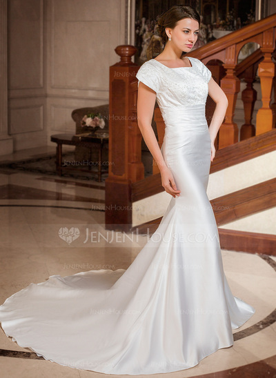 Mermaid Square Neckline Chapel Train Satin Wedding Dress With Ruffle Lace Beadwork (002001668)
